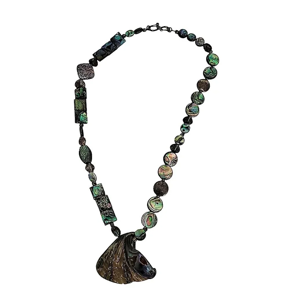 Vintage Abalone Square Pendant Necklace  Chunky